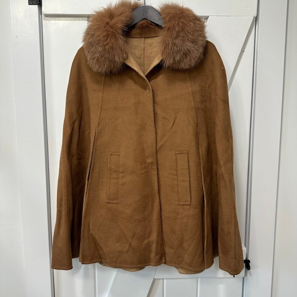 Womens Cape Brown Wool Cashmere Blend Fox Fur Trim Poncho Coat Winter Old Money